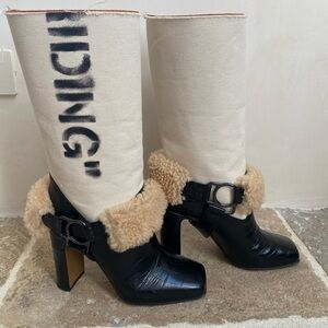 Authentic Off-White Canvas and Leather For Riding Heeled Boot